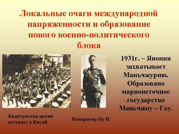 Локальные очаги международной напряженности и образование нового военно-политического блока 1931 г. – Япония захватывает