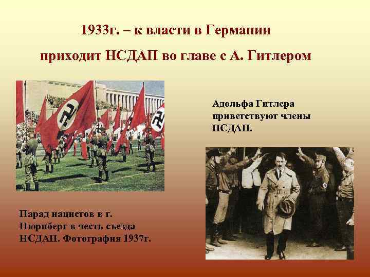 1933 г. – к власти в Германии приходит НСДАП во главе с А. Гитлером