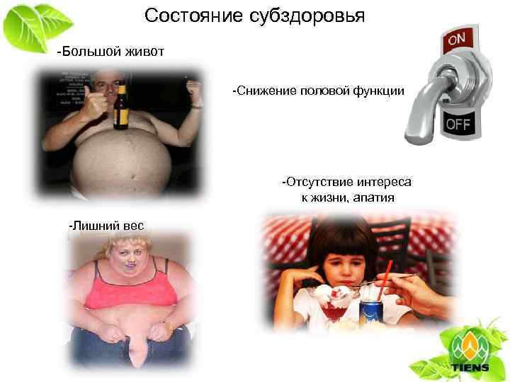 Состояние субздоровья -Большой живот -Снижение половой функции -Отсутствие интереса к жизни, апатия -Лишний вес