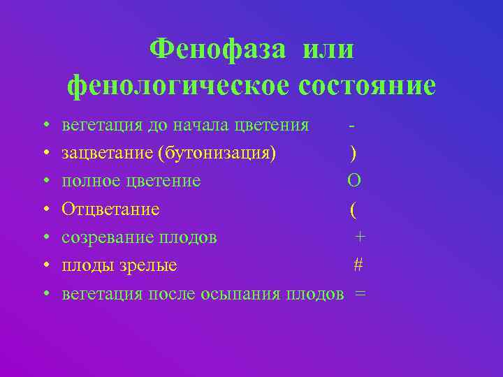 Фенофаза или фенологическое состояние • • вегетация до начала цветения зацветание (бутонизация) ) полное