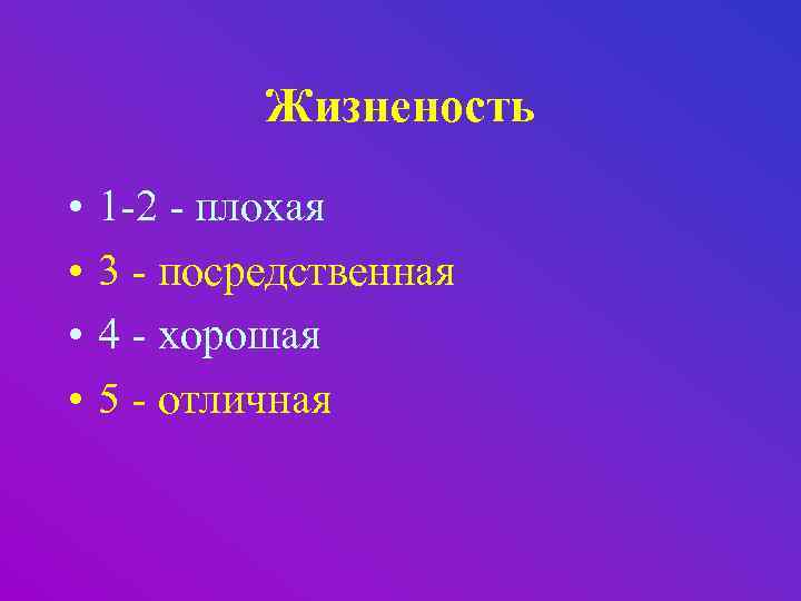 Жизненость • • 1 -2 - плохая 3 - посредственная 4 - хорошая 5