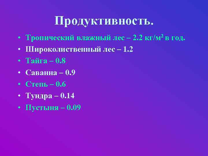 Продуктивность. • • Тропический влажный лес – 2. 2 кг/м 2 в год. Широколиственный