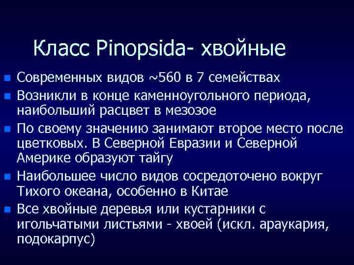 Класс Pinopsida- хвойные n n n Современных видов ~560 в 7 семействах Возникли в