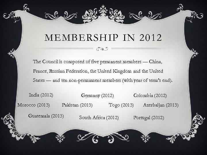 MEMBERSHIP IN 2012 The Council is composed of five permanent members — China, France,