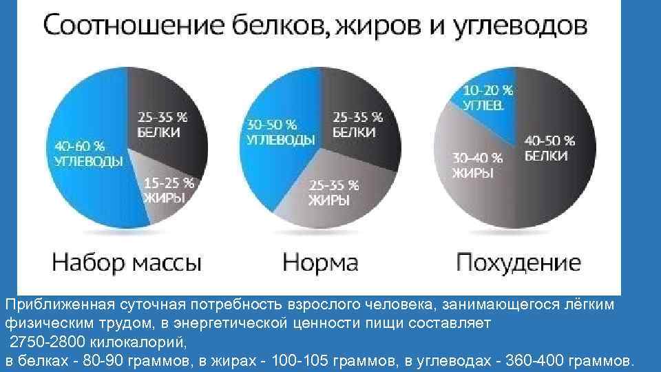 Приближенная суточная потребность взрослого человека, занимающегося лёгким физическим трудом, в энергетической ценности пищи составляет