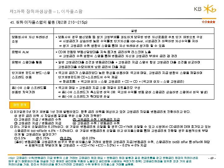 제 2과목 장외파생상품 – 1. 이자율스왑 45. 원화 이자율스왑의 활용 (제 2권 210~215 p)