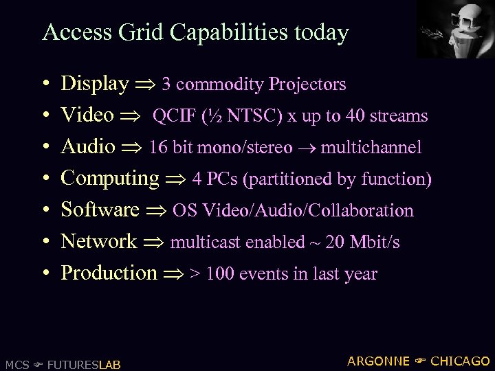 Access Grid Capabilities today • • Display 3 commodity Projectors Video QCIF (½ NTSC)