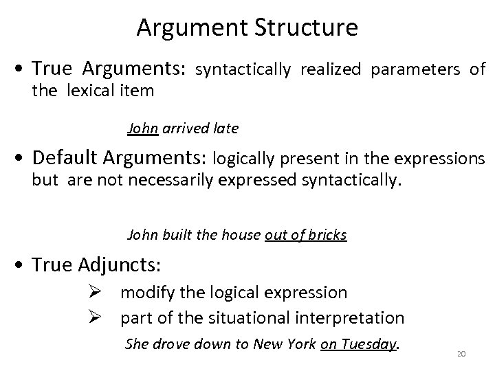 Argument Structure • True Arguments: syntactically realized parameters of the lexical item John arrived