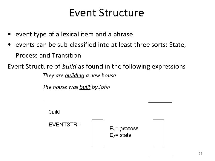 Event Structure • event type of a lexical item and a phrase • events