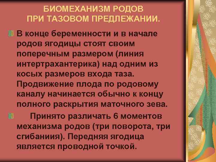 БИОМЕХАНИЗМ РОДОВ ПРИ ТАЗОВОМ ПРЕДЛЕЖАНИИ. В конце беременности и в начале родов ягодицы стоят