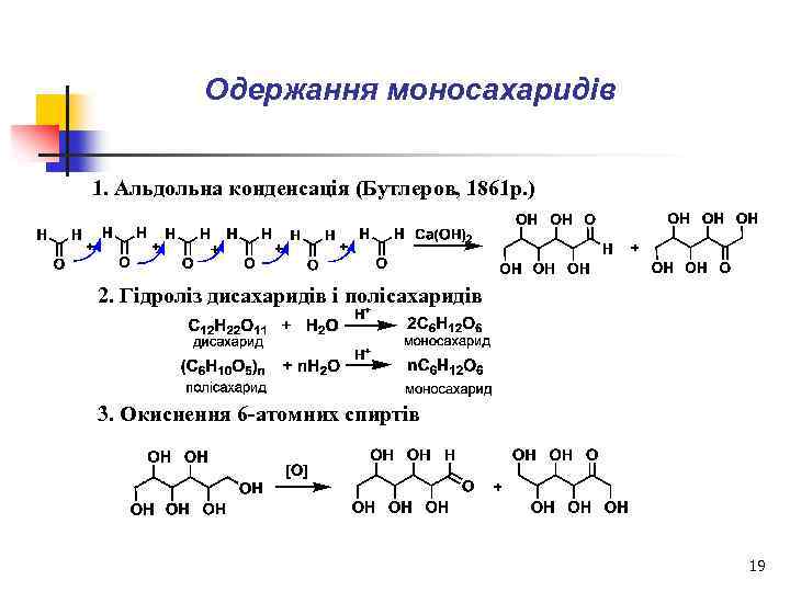 Одержання моносахаридів 1. Альдольна конденсація (Бутлеров, 1861 р. ) 2. Гідроліз дисахаридів і полісахаридів