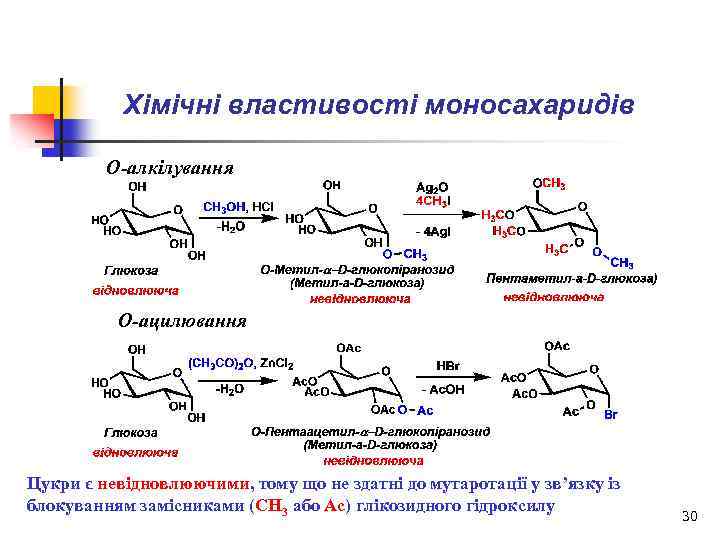 Хімічні властивості моносахаридів О-алкілування О-ацилювання Цукри є невідновлюючими, тому що не здатні до мутаротації