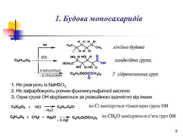 1. Будова моносахаридів лінійна будова альдегідна група 5 гідроксильних груп 1. Не реагують із