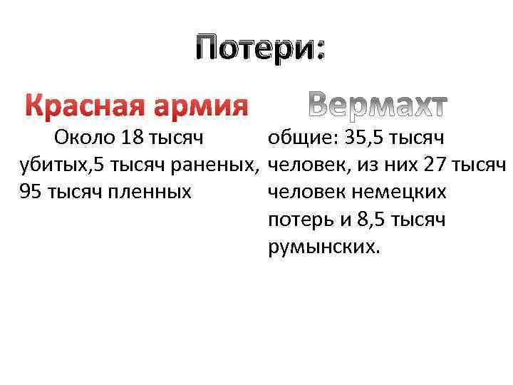 Потери: Красная армия Около 18 тысяч общие: 35, 5 тысяч убитых, 5 тысяч раненых,