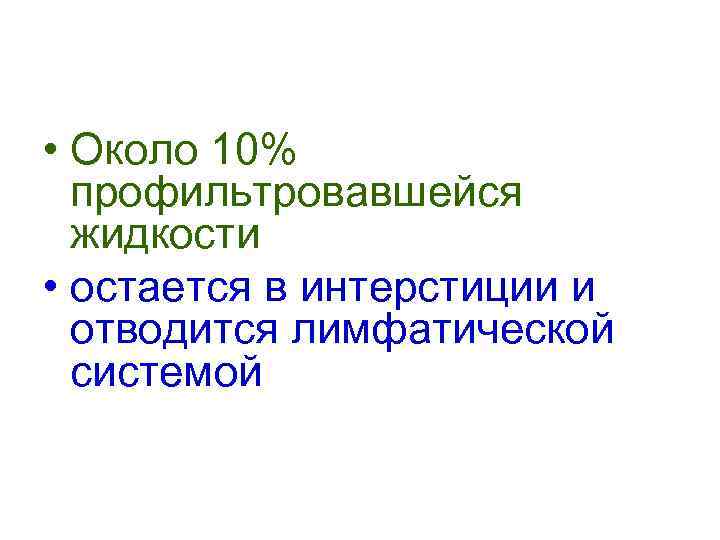  • Около 10% профильтровавшейся жидкости • остается в интерстиции и отводится лимфатической системой