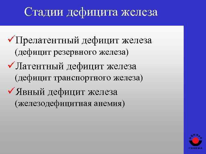 Стадии дефицита железа üПрелатентный дефицит железа (дефицит резервного железа) üЛатентный дефицит железа (дефицит транспортного