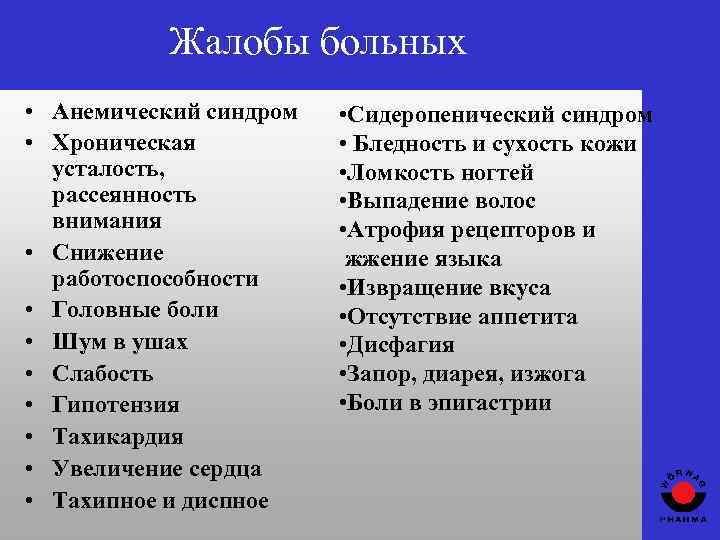 Жалобы больных • Анемический синдром • Хроническая усталость, рассеянность внимания • Снижение работоспособности •