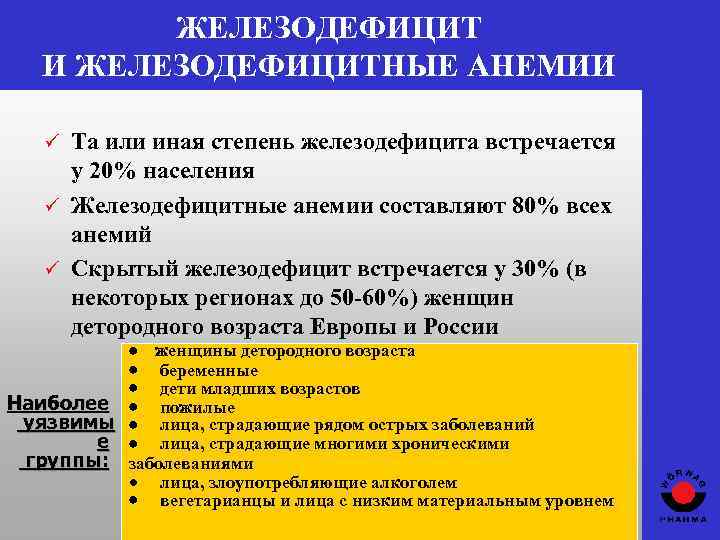 ЖЕЛЕЗОДЕФИЦИТ И ЖЕЛЕЗОДЕФИЦИТНЫЕ АНЕМИИ Та или иная степень железодефицита встречается у 20% населения ü