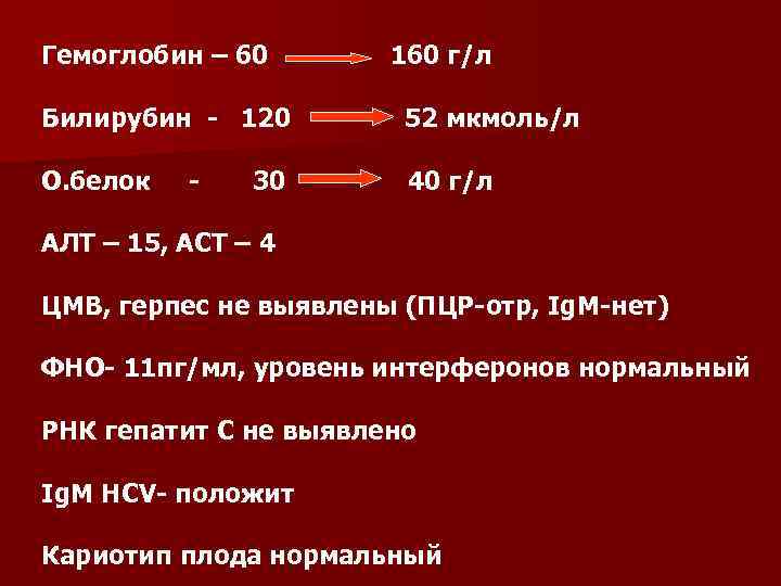 Гемоглобин – 60 160 г/л Билирубин - 120 52 мкмоль/л О. белок 40 г/л