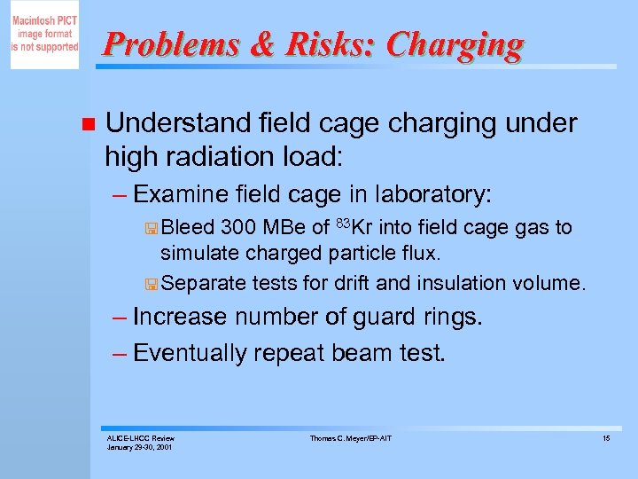 Problems & Risks: Charging n Understand field cage charging under high radiation load: –