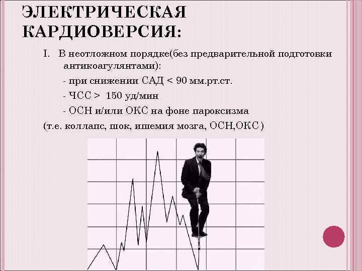 ЭЛЕКТРИЧЕСКАЯ КАРДИОВЕРСИЯ: I. В неотложном порядке(без предварительной подготовки антикоагулянтами): - при снижении САД <