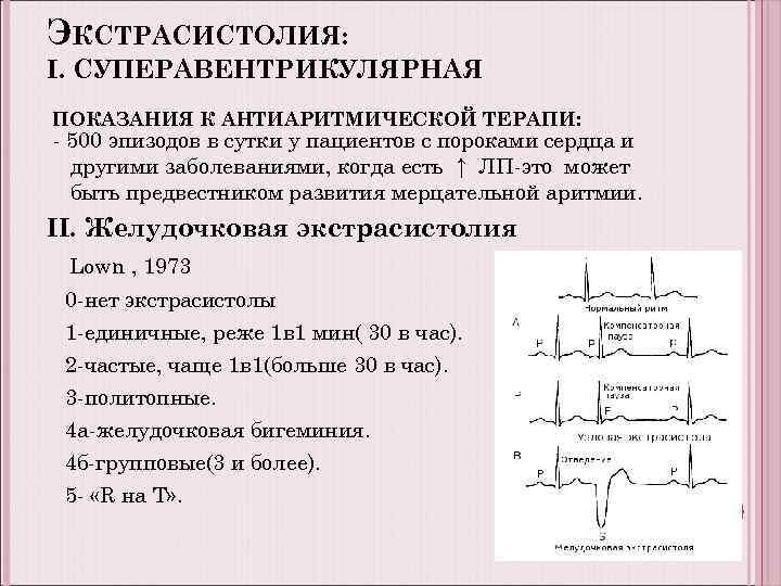 ЭКСТРАСИСТОЛИЯ: I. СУПЕРАВЕНТРИКУЛЯРНАЯ ПОКАЗАНИЯ К АНТИАРИТМИЧЕСКОЙ ТЕРАПИ: - 500 эпизодов в сутки у пациентов