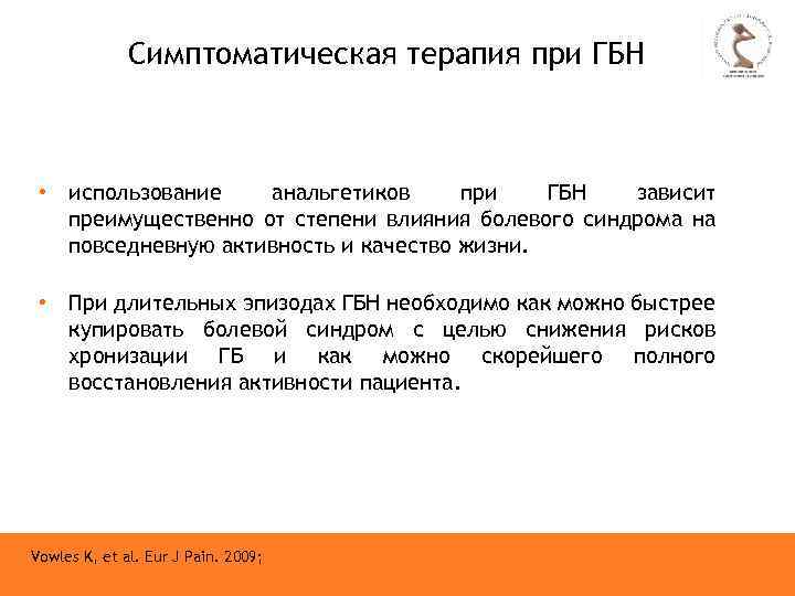 Симптоматическая терапия при ГБН • использование анальгетиков при ГБН зависит преимущественно от степени влияния