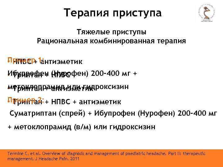 Терапия приступа Тяжелые приступы Рациональная комбинированная терапия Пример 1: • НПВС + антиэметик Ибупрофен