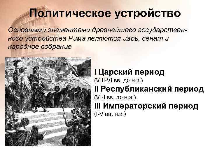 Политическое устройство Основными элементами древнейшего государственного устройства Рима являются царь, сенат и народное собрание