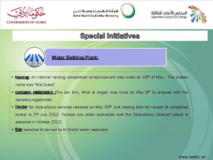 Special Initiatives Water Bottling Plant: • Naming: An internal naming competition announcement was made