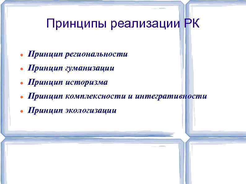 Принципы реализации РК Принцип региональности Принцип гуманизации Принцип историзма Принцип комплексности и интегративности Принцип