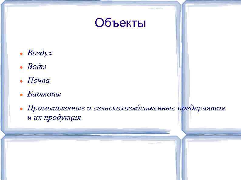 Объекты Воздух Воды Почва Биотопы Промышленные и сельскохозяйственные предприятия и их продукция 