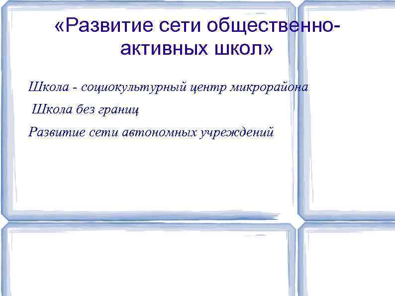  «Развитие сети общественноактивных школ» Школа социокультурный центр микрорайона Школа без границ Развитие сети