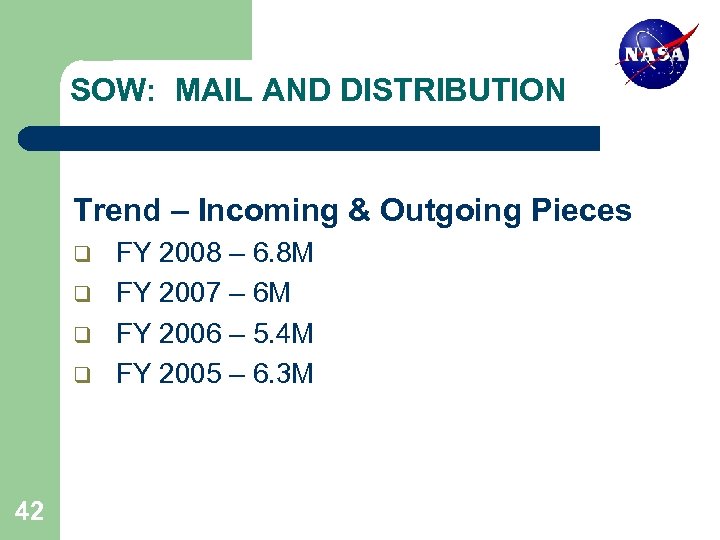 SOW: MAIL AND DISTRIBUTION Trend – Incoming & Outgoing Pieces q q 42 FY