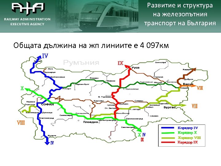 Развитие и структура на железопътния транспорт на България Общата дължина на жп линиите е
