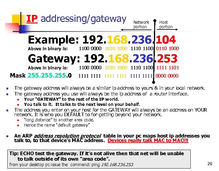 IP addressing/gateway Network portion Host portion Example: 192. 168. 236. 104 Above in binary