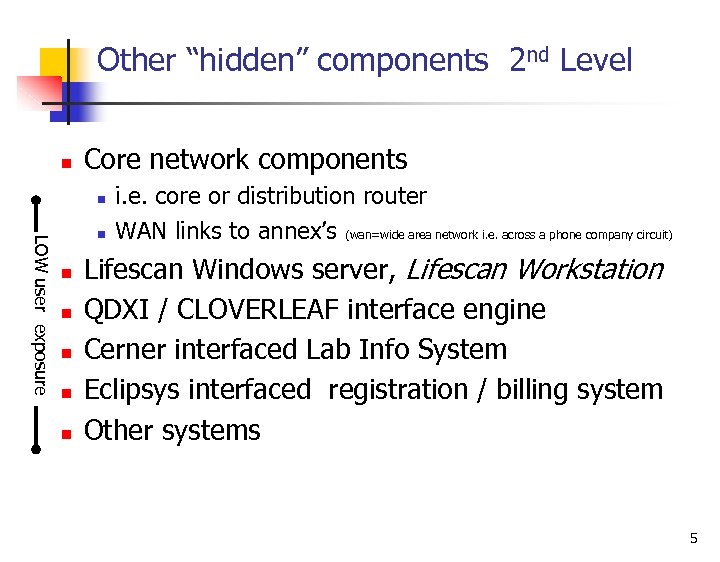 Other “hidden” components 2 nd Level n Core network components n LOW user exposure
