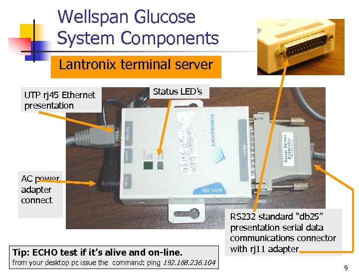 Wellspan Glucose System Components Lantronix terminal server UTP rj 45 Ethernet presentation Status LED’s