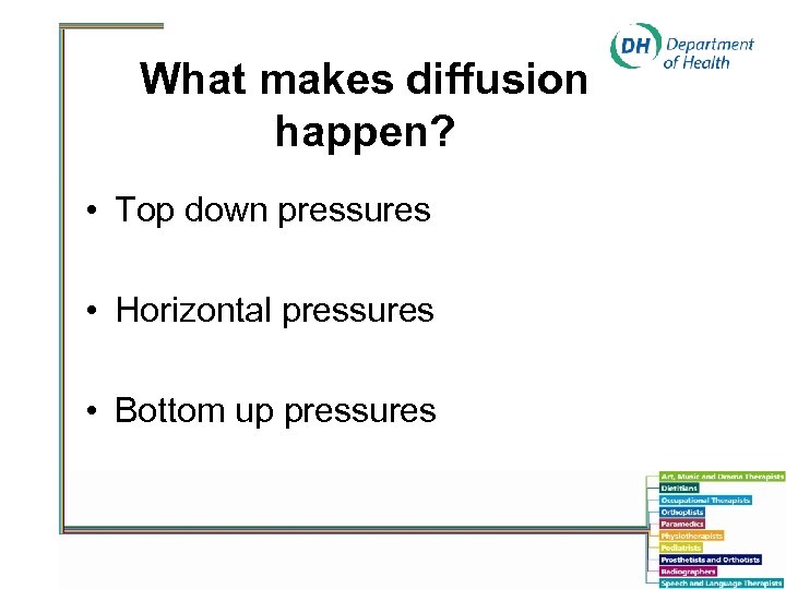 What makes diffusion happen? • Top down pressures • Horizontal pressures • Bottom up