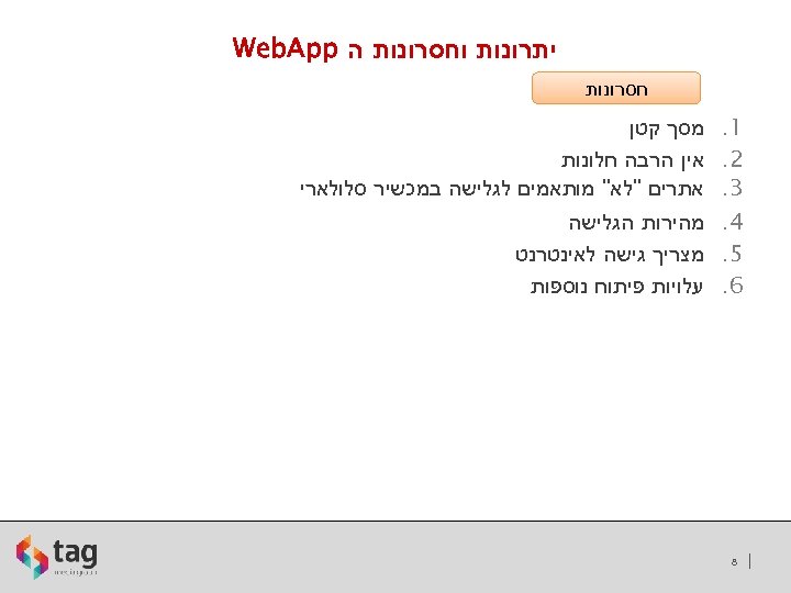  יתרונות וחסרונות ה Web. App חסרונות 1. מסך קטן 2. אין הרבה חלונות