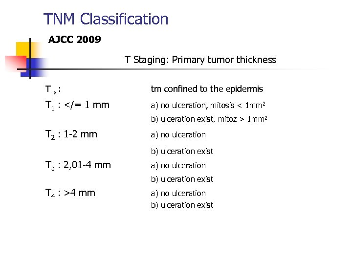 TNM Classification AJCC 2009 T Staging: Primary tumor thickness T x : tm confined