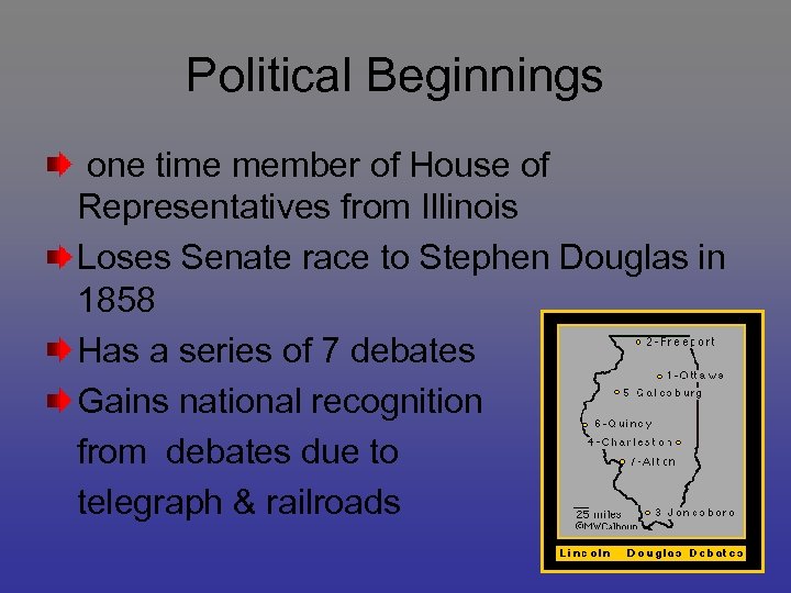 Political Beginnings one time member of House of Representatives from Illinois Loses Senate race