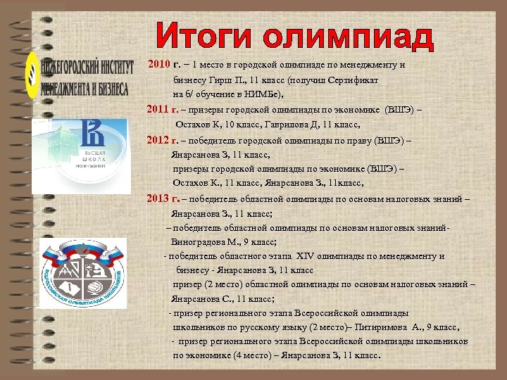  • 2010 г. – 1 место в городской олимпиаде по менеджменту и бизнесу