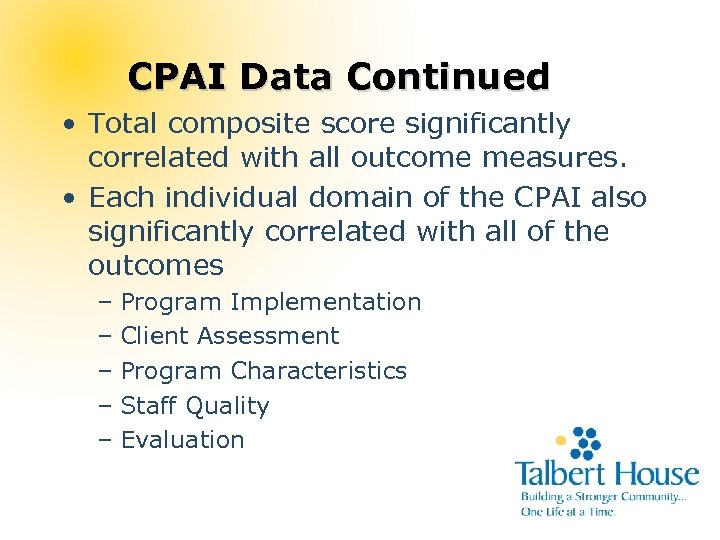 CPAI Data Continued • Total composite score significantly correlated with all outcome measures. •