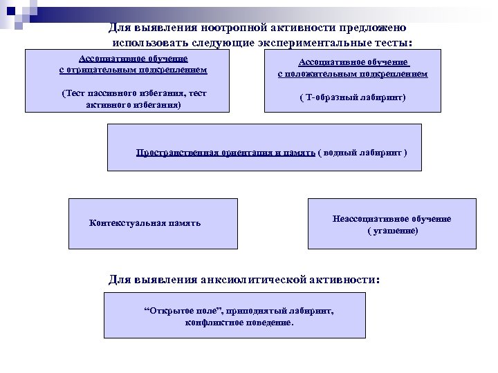 Для выявления ноотропной активности предложено использовать следующие экспериментальные тесты: Ассоциативное обучение с отрицательным подкреплением