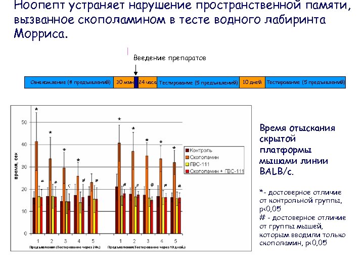 Ноопепт устраняет нарушение пространственной памяти, вызванное скополамином в тесте водного лабиринта Морриса. Введение препаратов