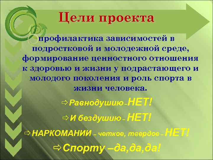 Цели проекта профилактика зависимостей в подростковой и молодежной среде, формирование ценностного отношения к здоровью