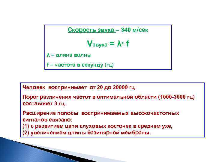 Скорость звука – 340 м/сек Vзвука = λ* f λ – длина волны f