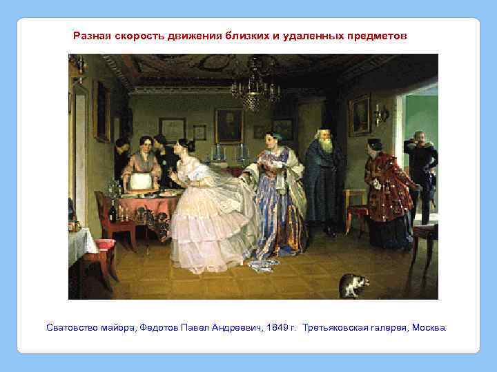 Разная скорость движения близких и удаленных предметов Сватовство майора, Федотов Павел Андреевич, 1849 г.