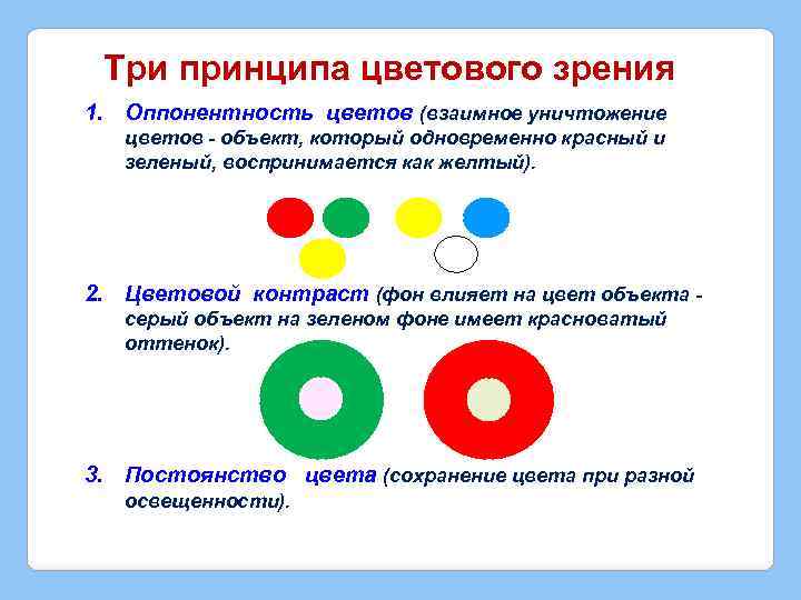Три принципа цветового зрения 1. Оппонентность цветов (взаимное уничтожение цветов - объект, который одновременно